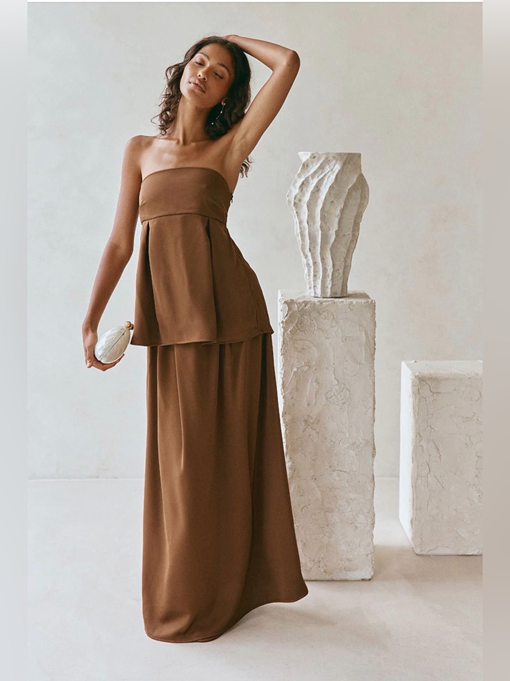Sabo Strapless Brown Layered Maxi “Indra” Dress